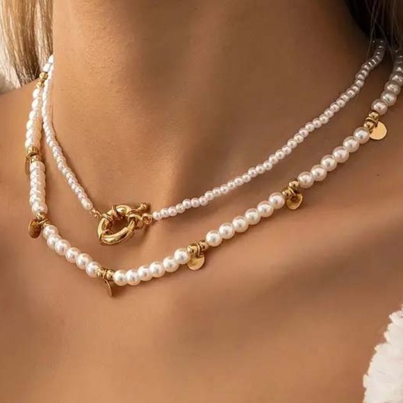 SOPHISTICATED FAUX PEARL GOLD CLAD DISKS CHARMS TWO NECKLACES 41 - Picture 2 of 3